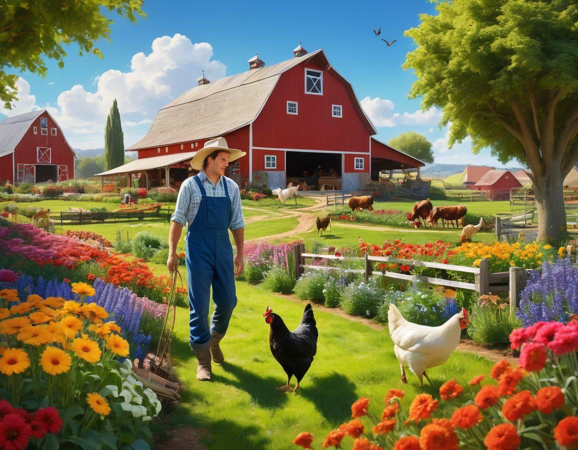 A lush, vibrant ranch scene filled with colorful flowers and healthy crops under a bright blue sky. A cheerful farmer tending to the garden, surrounded by playful animals like chickens and goats, with a quaint barn in the background. The atmosphere is warm and inviting, showcasing a flourishing and joyful farming lifestyle. High saturation, warm tones. super-realistic. vibrant colors.