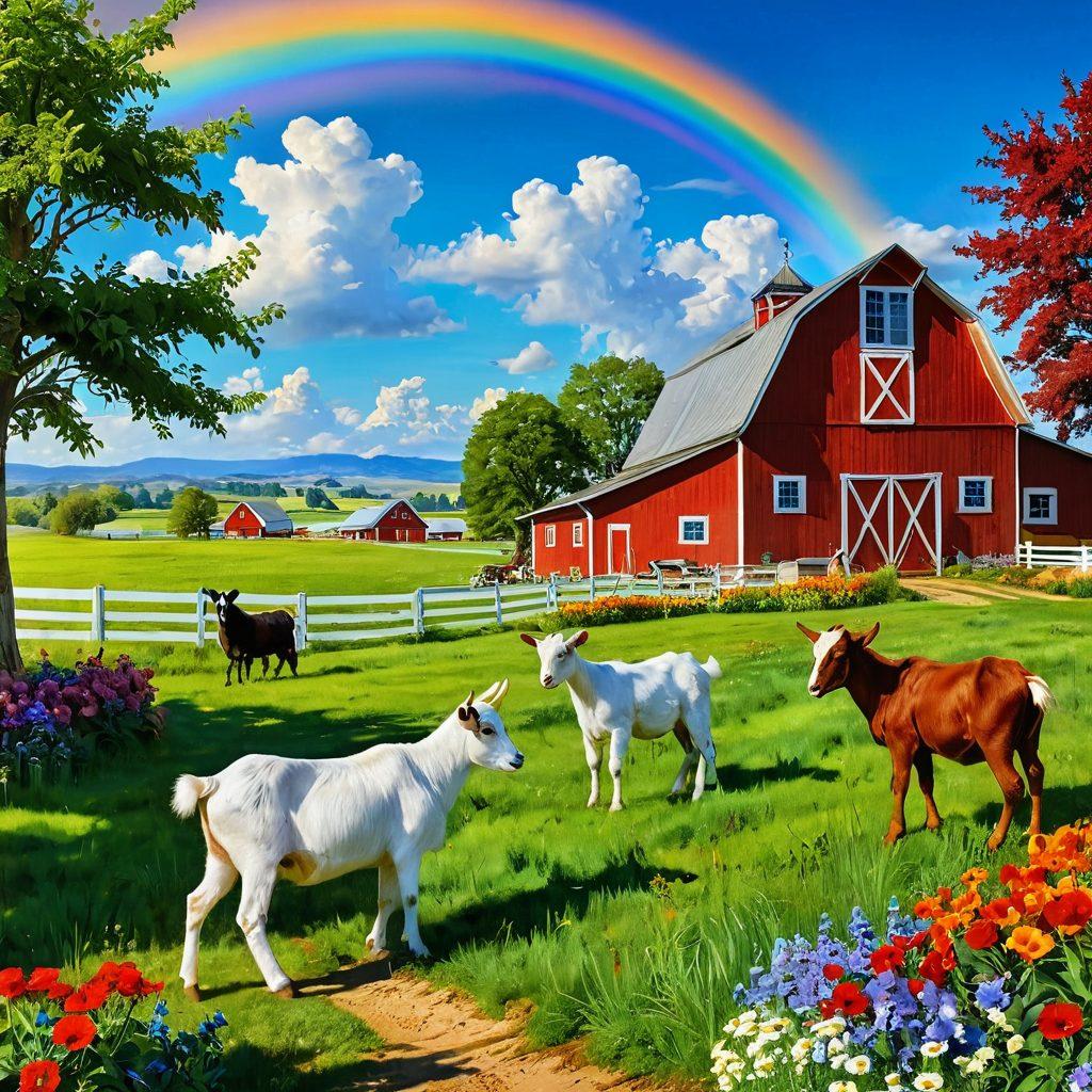 A scenic farm landscape with lush green fields, colorful blooming flowers, and a vibrant blue sky. Include happy animals like playful goats and chickens roaming freely, along with a picturesque red barn in the background. Show a farmer and family joyfully tending to their crops, radiating positivity and harmony. Emphasize the beauty of nature with a subtle rainbow in the sky. super-realistic. vibrant colors. peaceful atmosphere.