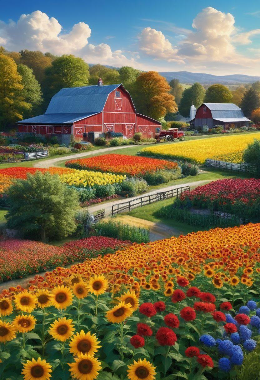 A serene farm scene showcasing a diverse and lush farm landscape with vibrant fields of crops, cheerful farmers working together, and a bright blue sky. Emphasize the joy and harmony of agribusiness through colorful flowers, happy livestock, and a quaint barn in the background. Include elements like sunflowers and a farmer's market stand filled with fresh produce to symbolize prosperity. super-realistic. vibrant colors. 3D.